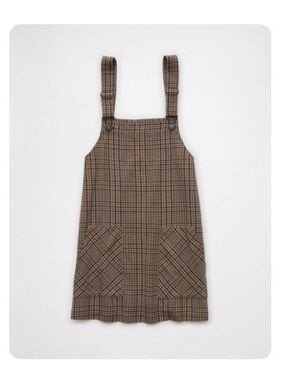 Like New American Eagle Brown Plaid Pinafore Dress with Patch Pockets Size Large